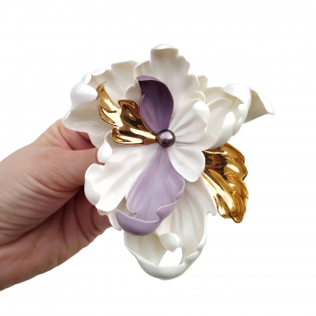 Statement purple-white flower brooch with natural pearl [1]