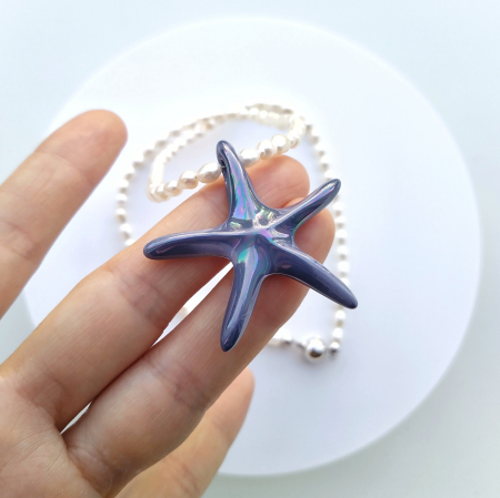 Pearly - Light blue starfish pendant with natural pearls necklace - Daniela Cățoi