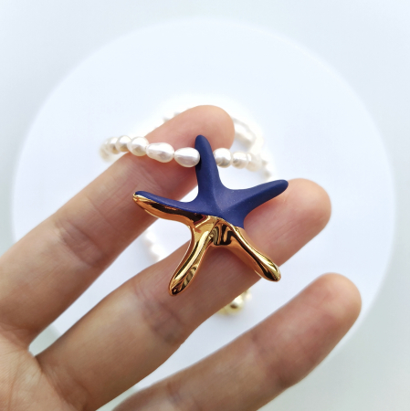 Blue - gold starfish pendant with natural pearls necklace - Daniela Cățoi [1]