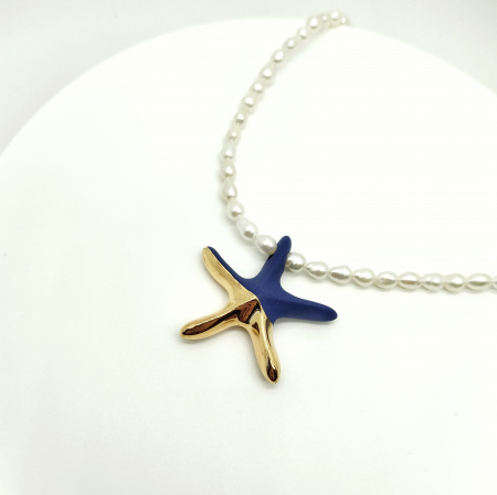 Pearly - Blue - gold starfish pendant with natural pearls necklace - Daniela Cățoi