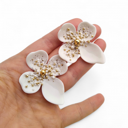 Earrings - Four petals white flower porcelain earrings - Daniela Catoi