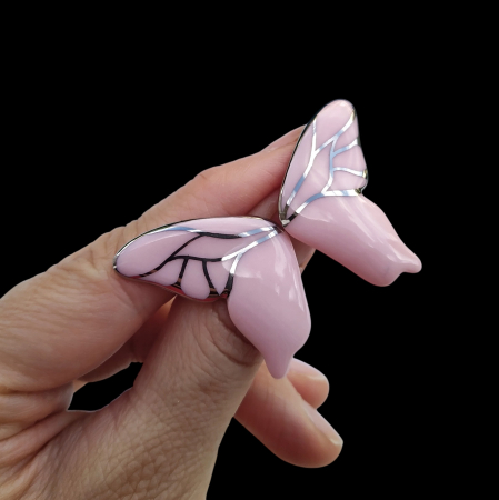 Earrings - Pink-platinum porcelain butterfly earrings  - Daniela Cățoi