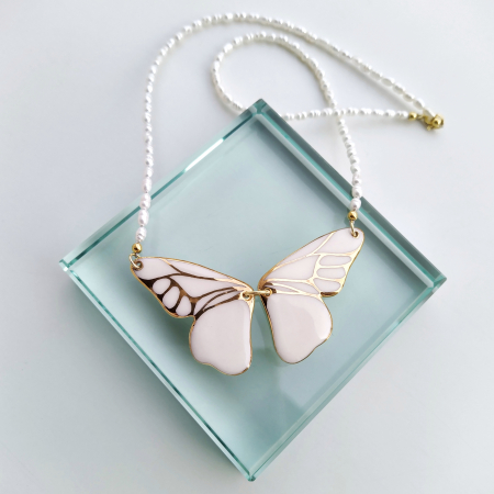 Nature's Hidden Beauties - White porcelain butterfly pendant with white natural pearls necklace
