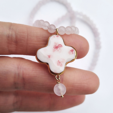 Necklaces - Spring cross pendant with flowers and pink quartz