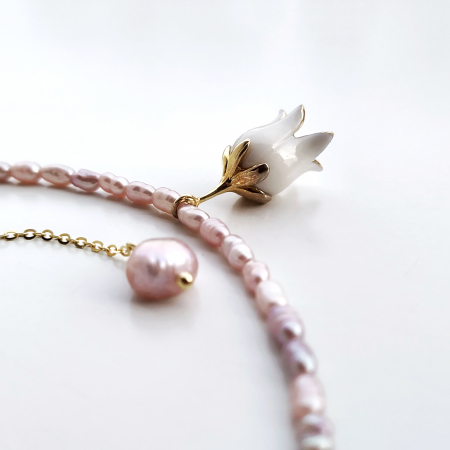 Flora in Porcelain - White porcelain Lily of the Valley pendant with rose pearls necklace and charm