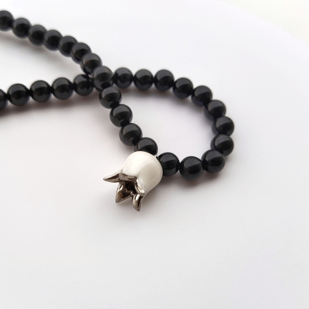 Necklaces - White porcelain Lily of the Valley pendant with rose pearls necklace and charm