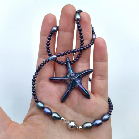 Pearly - Blue starfish pendant with blue pearls necklace - Daniela Cățoi