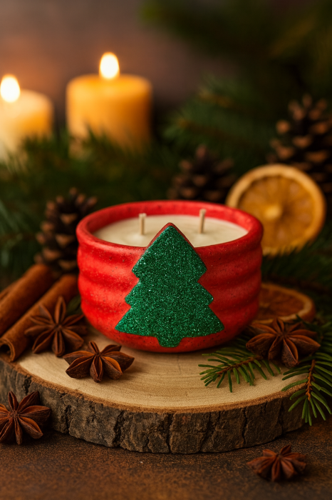 Lumanare parfumata Craciun, vas ciment alb cu decor bradut [3]