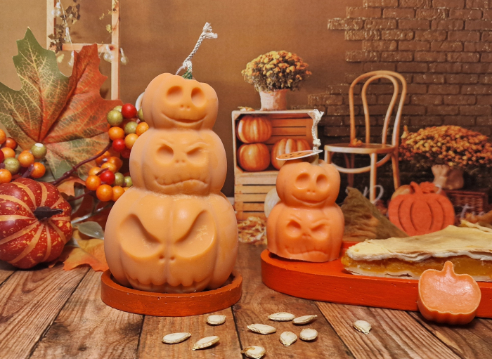 Lumanare pentru Halloween, model 2 dovleci, portocaliu [3]
