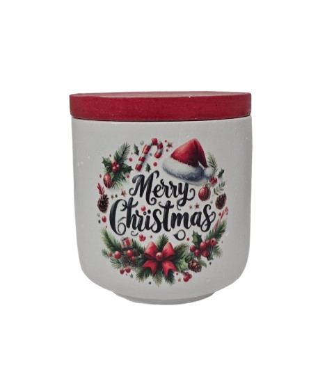 Lumanare vas ciment alb cu inscriptie Merry Christmas  si capac rosu [2]