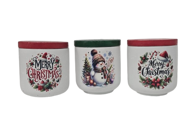 Lumanare vas ciment alb cu inscriptie Merry Christmas  si capac rosu [4]