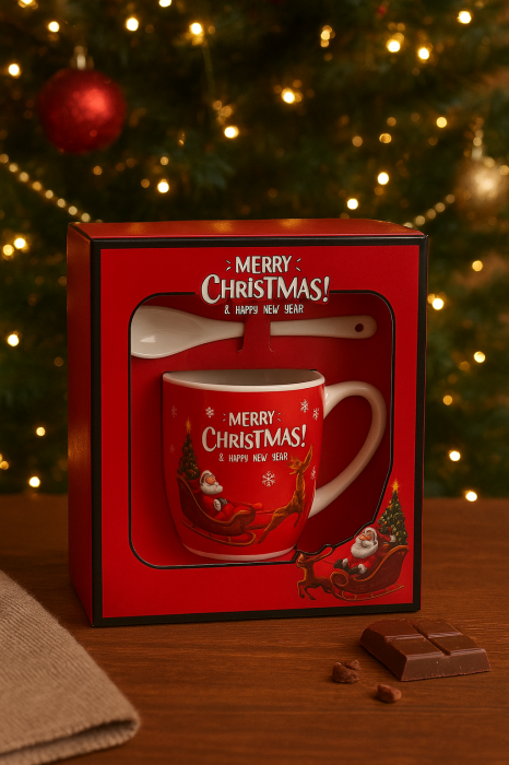 Lumanare de Craciun in ceasca cu decor Mos Craciun in sanie si mesaj Merry Christmas , rosie, cu lingurita de ceramica in cutie cadou [2]