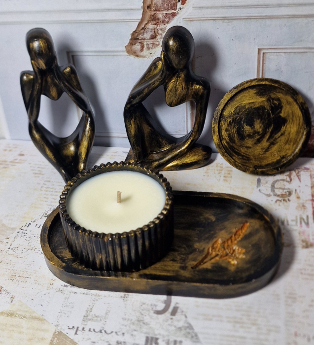 Set decorativ statuete model feminin, negru auriu, din ciment [6]