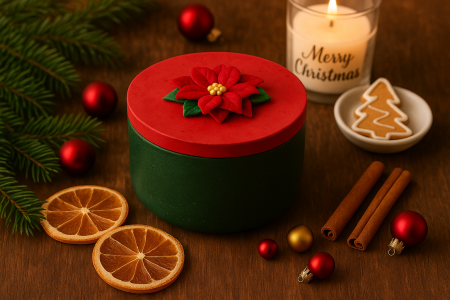 Oferte speciale - Lumanare bol ciment verde cu capac rosu decorat cu Craciunita