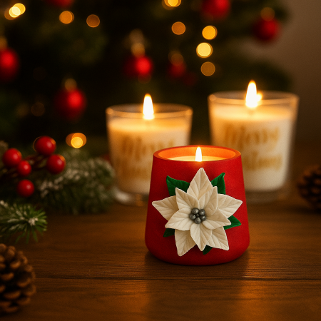 Oferte speciale - Lumânare de Crăciun în vas de ciment conic rosu, cu floare alba de Crăciuniță