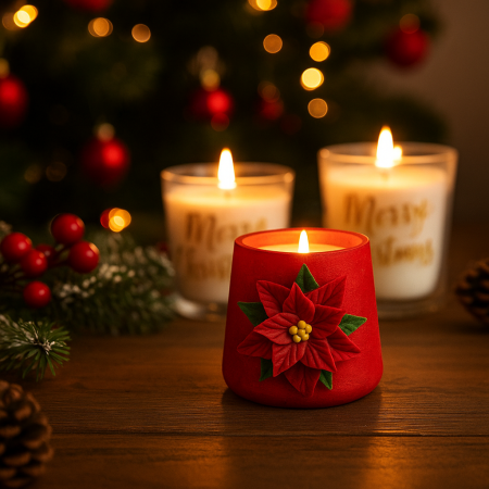 Oferte speciale - Lumânare de Crăciun în vas de ciment conic rosu, cu floare rosie de Crăciuniță