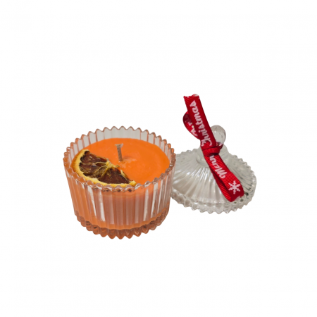 Lumanare parfumata Craciun, bomboniera sticla cu fundita, decor portocala