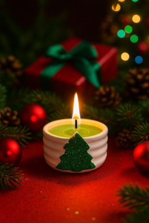 Lumanari Craciun - Lumanare parfumata Craciun, vas ciment alb cu decor bradut