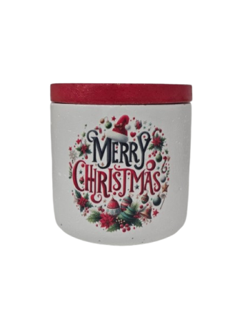 Lumanare vas ciment alb cu inscriptie Merry Christmas  si capac rosu [2]