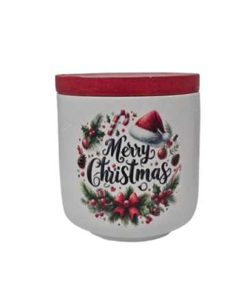 Lumanare vas ciment alb cu inscriptie Merry Christmas  si capac rosu [1]