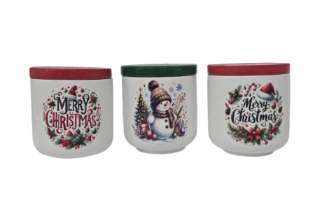 Lumanare vas ciment alb cu inscriptie Merry Christmas  si capac rosu [3]