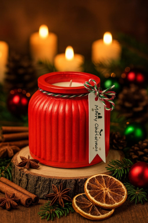 Oferte speciale - Lumanare in vas ciment rosu cu dungi si eticheta Merry Christmas