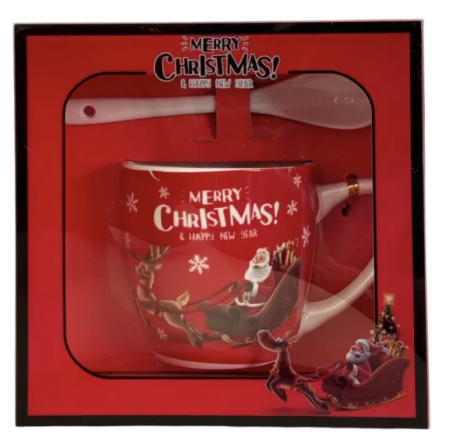 Lumanare de Craciun in ceasca cu decor Mos Craciun in sanie si mesaj Merry Christmas , rosie, cu lingurita de ceramica in cutie cadou [2]
