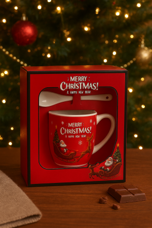 Lumanare de Craciun in ceasca cu decor Mos Craciun in sanie si mesaj Merry Christmas , rosie, cu lingurita de ceramica in cutie cadou [1]