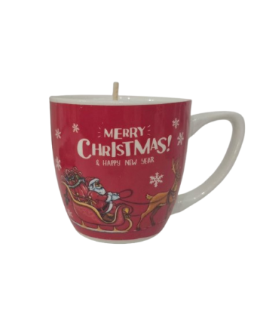 Lumanare de Craciun in ceasca cu decor Mos Craciun in sanie si mesaj Merry Christmas , rosie, cu lingurita de ceramica in cutie cadou [3]