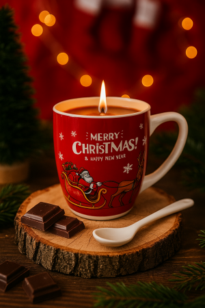 Oferte speciale - Lumanare de Craciun in ceasca cu decor Mos Craciun in sanie si mesaj Merry Christmas , rosie, cu lingurita de ceramica in cutie cadou