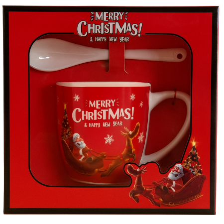 Lumanare de Craciun in ceasca cu decor Mos Craciun in sanie si mesaj Merry Christmas , rosie, cu lingurita de ceramica in cutie cadou [4]