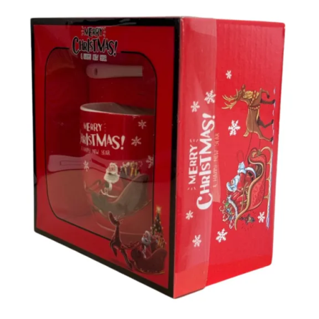 Lumanare de Craciun in ceasca cu decor Mos Craciun in sanie si mesaj Merry Christmas , rosie, cu lingurita de ceramica in cutie cadou [5]