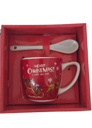 Lumanare de Craciun in ceasca cu decor Mos Craciun in sanie si mesaj Merry Christmas , rosie, cu lingurita de ceramica in cutie cadou [6]