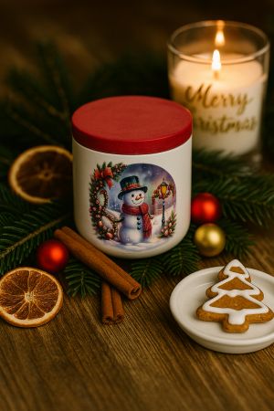 Oferte speciale - Lumanare vas ciment alb cu om de zapada si capac rosu