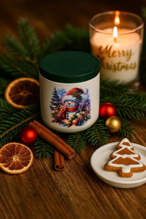 Oferte speciale - Lumanare vas ciment alb cu om de zapada si capac verde