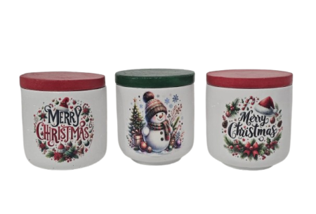 Lumanare vas ciment alb cu om de zapada si capac verde [2]