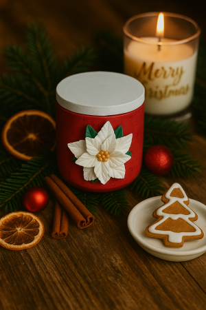 Oferte speciale - Lumanare vas ciment rosu decorat cu craciunita alba, si capac alb