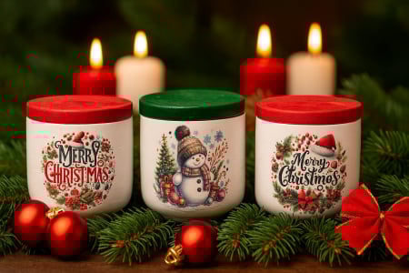 Oferte speciale - Lumanare vas ciment alb cu inscriptie Merry Christmas  si capac rosu