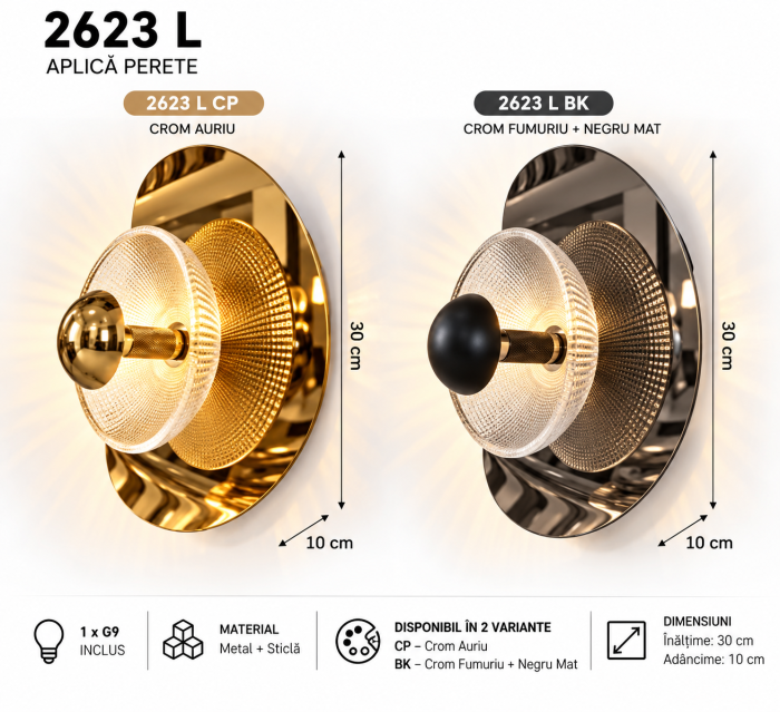 Aplică de Perete 2623 L Auriu sau Negru, Metal și Sticlă, G9 Inclus [3]