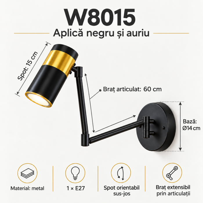 Aplică metalică W8015 E27 cu braț reglabil de 60 cm, negru și auriu [3]