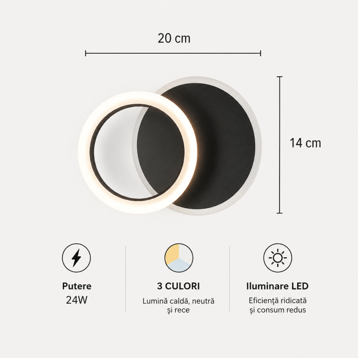 Aplică și Plafonieră LED YC37 Modernă Negru-Alb 24W Rotundă și Pătrată [2]