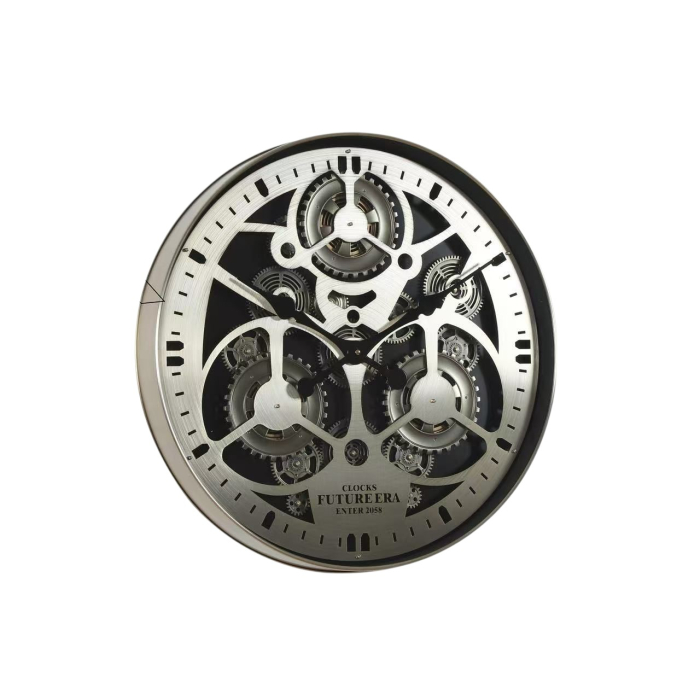 Ceas de perete E196 Gear Clock, metal argintiu cu sticlă, mecanism rotativ decorativ, Ø60 cm [1]