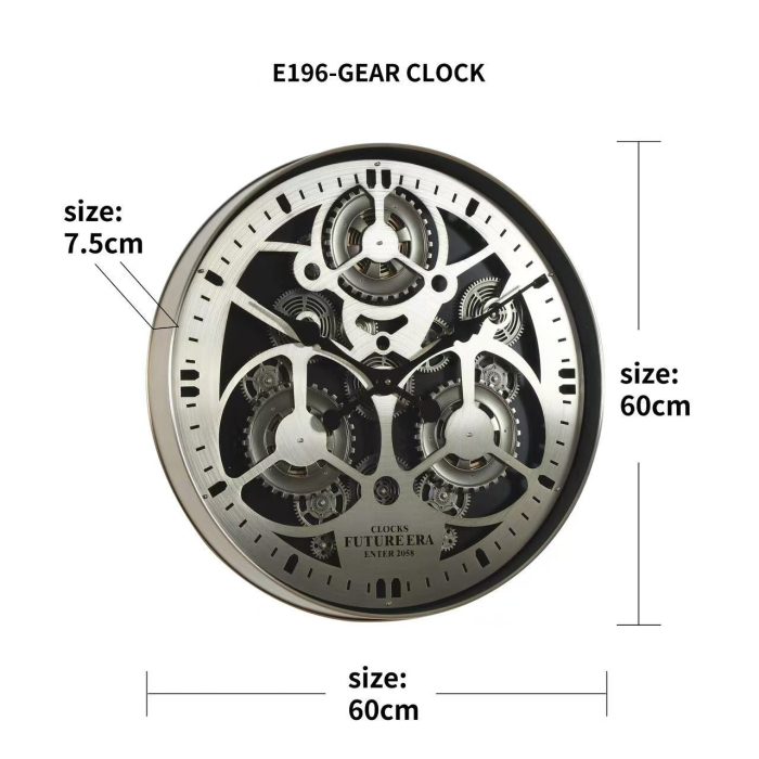 Ceas de perete E196 Gear Clock, metal argintiu cu sticlă, mecanism rotativ decorativ, Ø60 cm [2]
