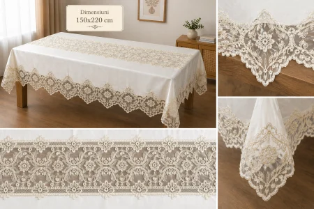 Față de masă ivory 1606 cu tul și broderie macrame florală aurie 150x220 cm [2]