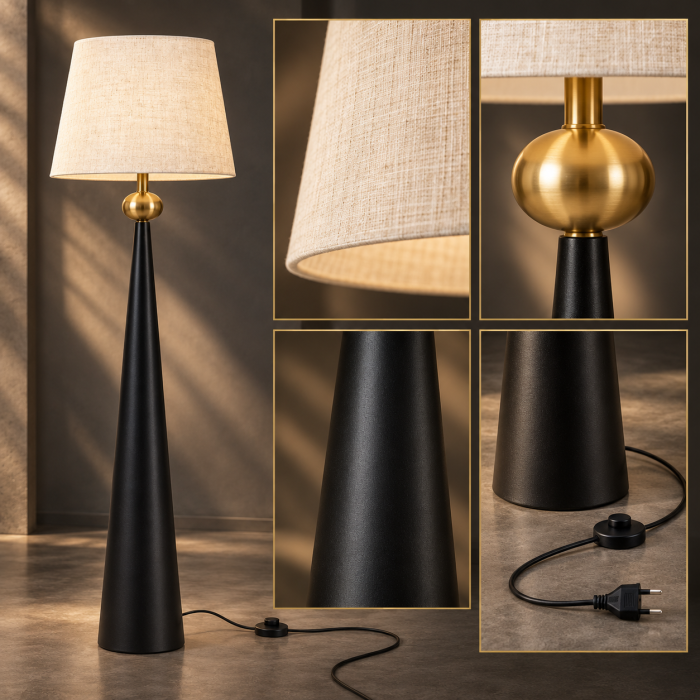 Lampadar 8443 din metal negru cu ornament auriu și abajur bej texturat [2]