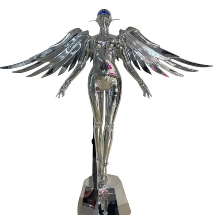 Lampadar decorativ K 8801, sculptură înger din rășină cromată, aripi metalice și iluminare LED albastră, 220 cm [2]