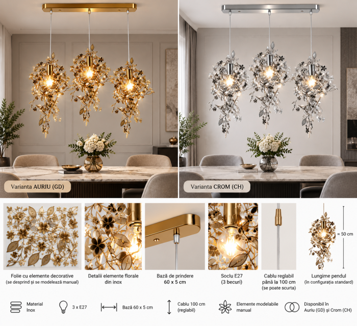 Lustră 2636/3 cu 3 pendule florale din inox crom sau auriu [4]
