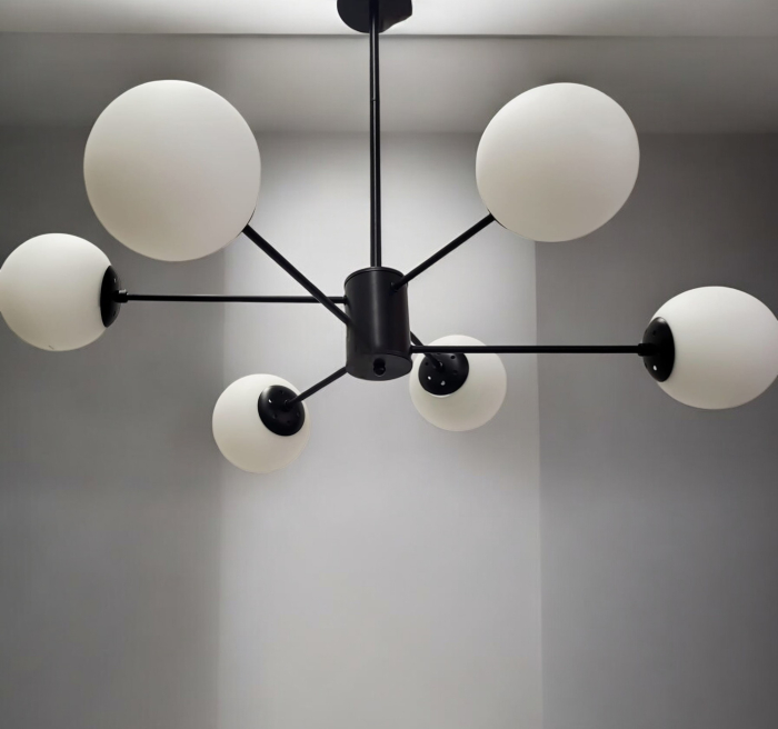 Lustră 9208/3+3 din metal negru cu globuri din sticlă alb mat – design modern, 6 surse de lumină E27 [2]