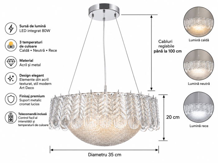 Lustră LED 1062/1 Acril și Crom, Ø35 cm, 3 Culori [4]