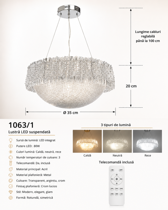 Lustră LED 1063/1 Acril și Crom, 80W, Ø35 cm, Telecomandă [4]